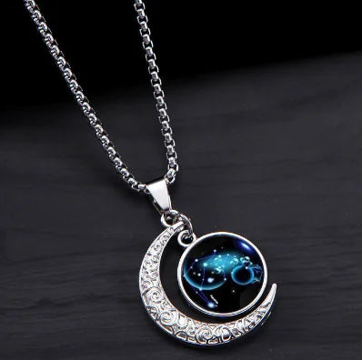 12 Zodiac Necklaces with Time Gem and Silver Moon Pendant