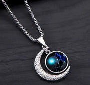 12 Zodiac Necklaces with Time Gem and Silver Moon Pendant