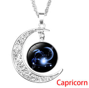 12 Zodiac Necklaces with Time Gem and Silver Moon Pendant