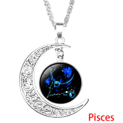 12 Zodiac Necklaces with Time Gem and Silver Moon Pendant