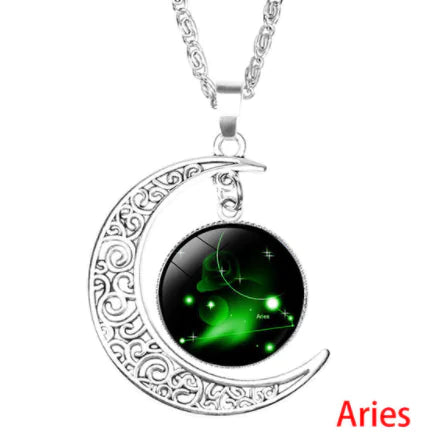 12 Zodiac Necklaces with Time Gem and Silver Moon Pendant