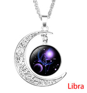 12 Zodiac Necklaces with Time Gem and Silver Moon Pendant