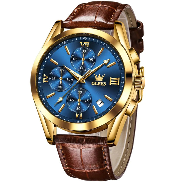 Brown Leather Strap Watch Wristwatch (Blue & Gold)