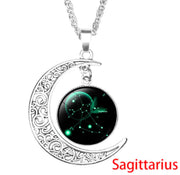 12 Zodiac Necklaces with Time Gem and Silver Moon Pendant