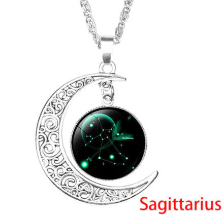 12 Zodiac Necklaces with Time Gem and Silver Moon Pendant