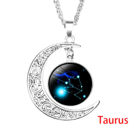 12 Zodiac Necklaces with Time Gem and Silver Moon Pendant