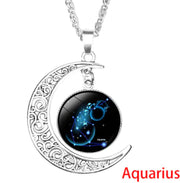 12 Zodiac Necklaces with Time Gem and Silver Moon Pendant