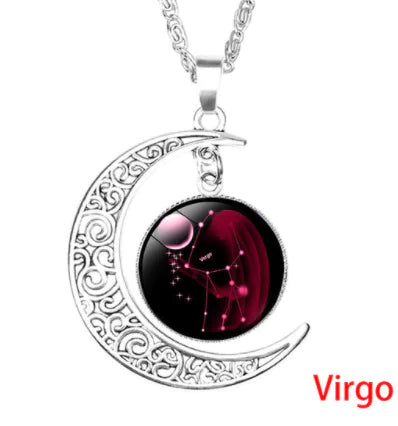 12 Zodiac Necklaces with Time Gem and Silver Moon Pendant