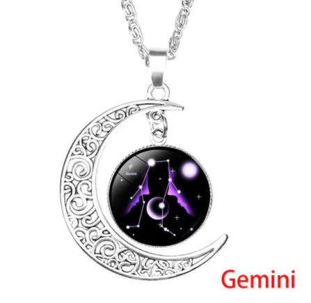 12 Zodiac Necklaces with Time Gem and Silver Moon Pendant