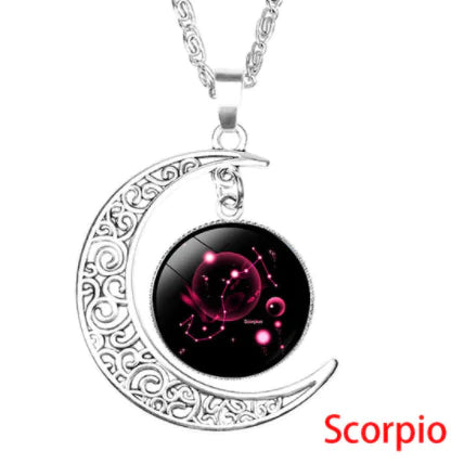 12 Zodiac Necklaces with Time Gem and Silver Moon Pendant